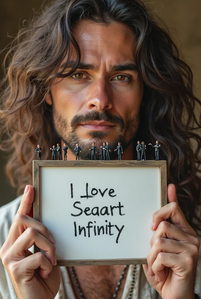 Beautiful man with wavy long hair, bohemian dress, holding a white board with text "I Love Seaart Infinity" and showing it to the viewerA close - up of man  eye with long lashes and a warm - colored iris. Surrounding the eye are tiny figures dressed in bla...