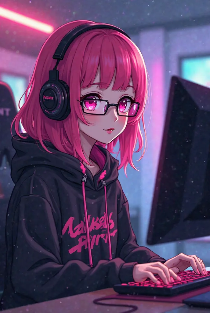 Cool girl with bright pink hair who wears modern square lenses with a black sweatshirt with fuchsia and earflaps around her neck who is sitting in front of a modern computer gamers who is an anime-type character