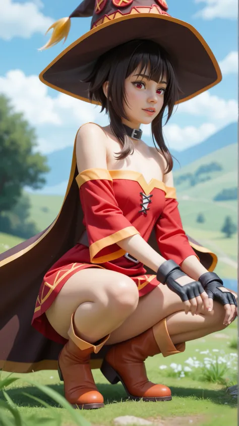 A highly detailed, hyperrealistic 8K image of Megumin from Konosuba, crouching dynamically while removing her signature black wizard hat with her left hand, revealing her messy dark brown hair. Her crimson eyes glow intensely, exuding confidence and power....