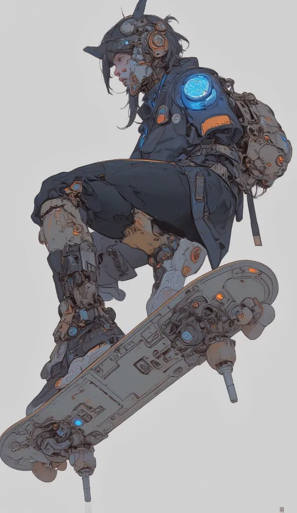 taken from the side、profile、cartoon of a man riding a skateboard on the street, Cyberpunk art by Shinotao , Trending on Pixiv, Neo-Dada,  animation art vehicle concept art, Glamorous Clothes  , Like、Overwatch character concept art with gun and raincoat sta...