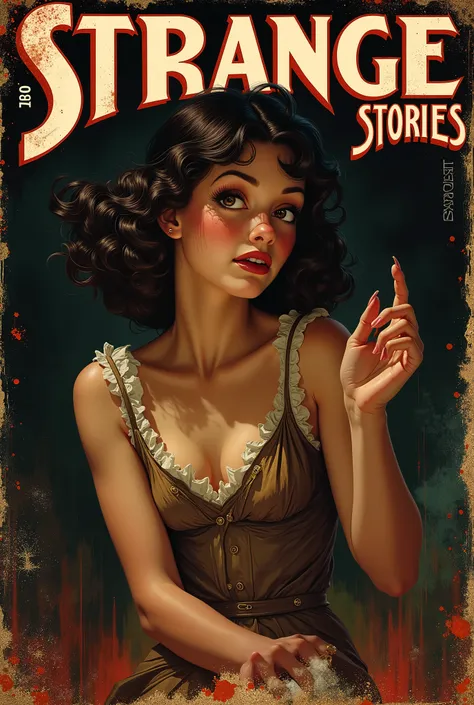 Cover mystery magazine full length girl, Cute face full length , Girl poses for horror magazine cover "Strange Stories" , Magazine Era 1933, high quality,