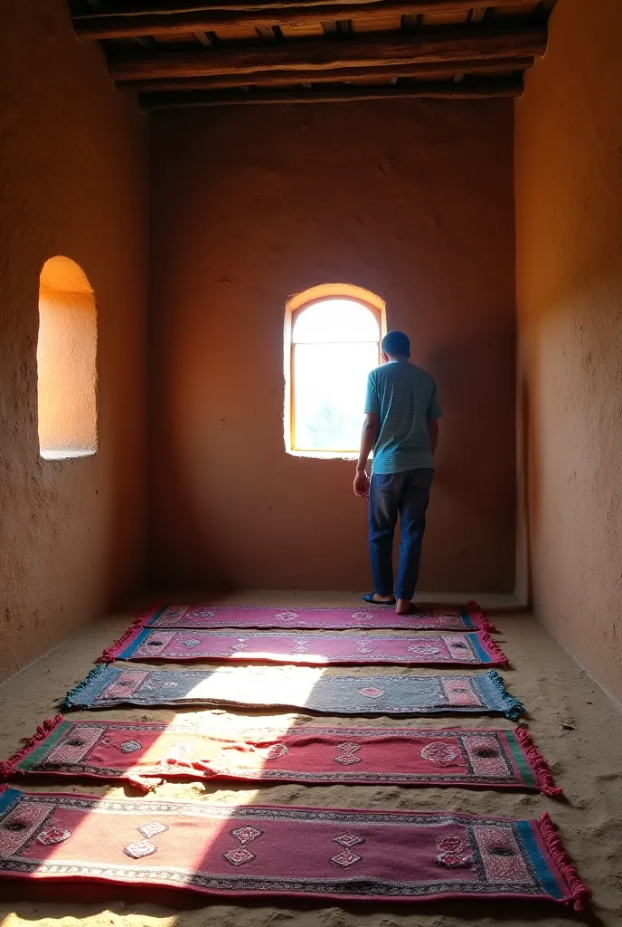 The villager is inside the clay house, spreading seven colorful prayer mats neatly in a small mosque corner. The mosque’s walls are made of mud, and the ceiling is wooden. Soft sunlight streams in from a small window, casting a peaceful glow.