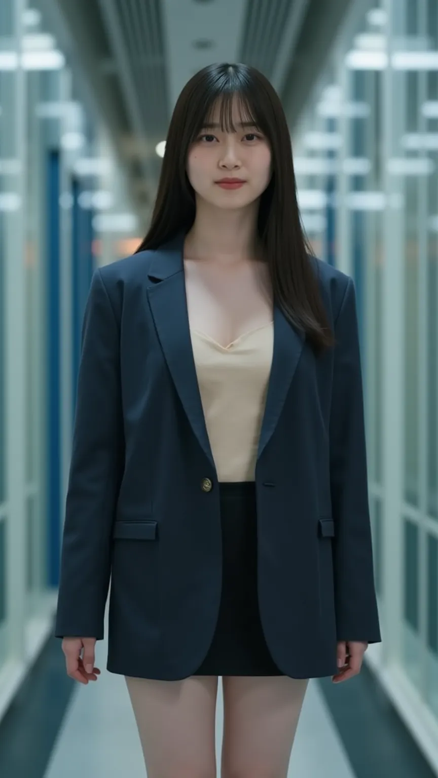 Alone,   nothing ,  masterpiece,  解剖学的に accurate,  accurate,  top quality, woman、CEO、((A jacket with an open front to accentuate cleavage))、((miniskirt)), Big Breasts、4K、The background is medium hair split in the middle of an airliner 、 blur the background...