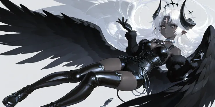 The girl is a fallen black-and-white angel. Her hair is obsidian black and long and straight with white highlights. her eyes are dark black with white inverted crosses-like  pupils.  She has dark grey skin and pointed ears. In the center of her forehead sh...
