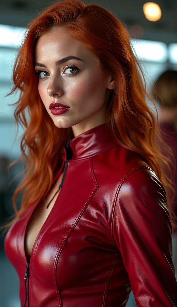 A full body picture of a gorgeous British top model woman with a cute, beautiful edgy British super top model face, she has dark red lips and ginger, long, fuzzy hair,  she has brown eyes, She is wearing a futuristic shiny dark red racing suit made of leat...