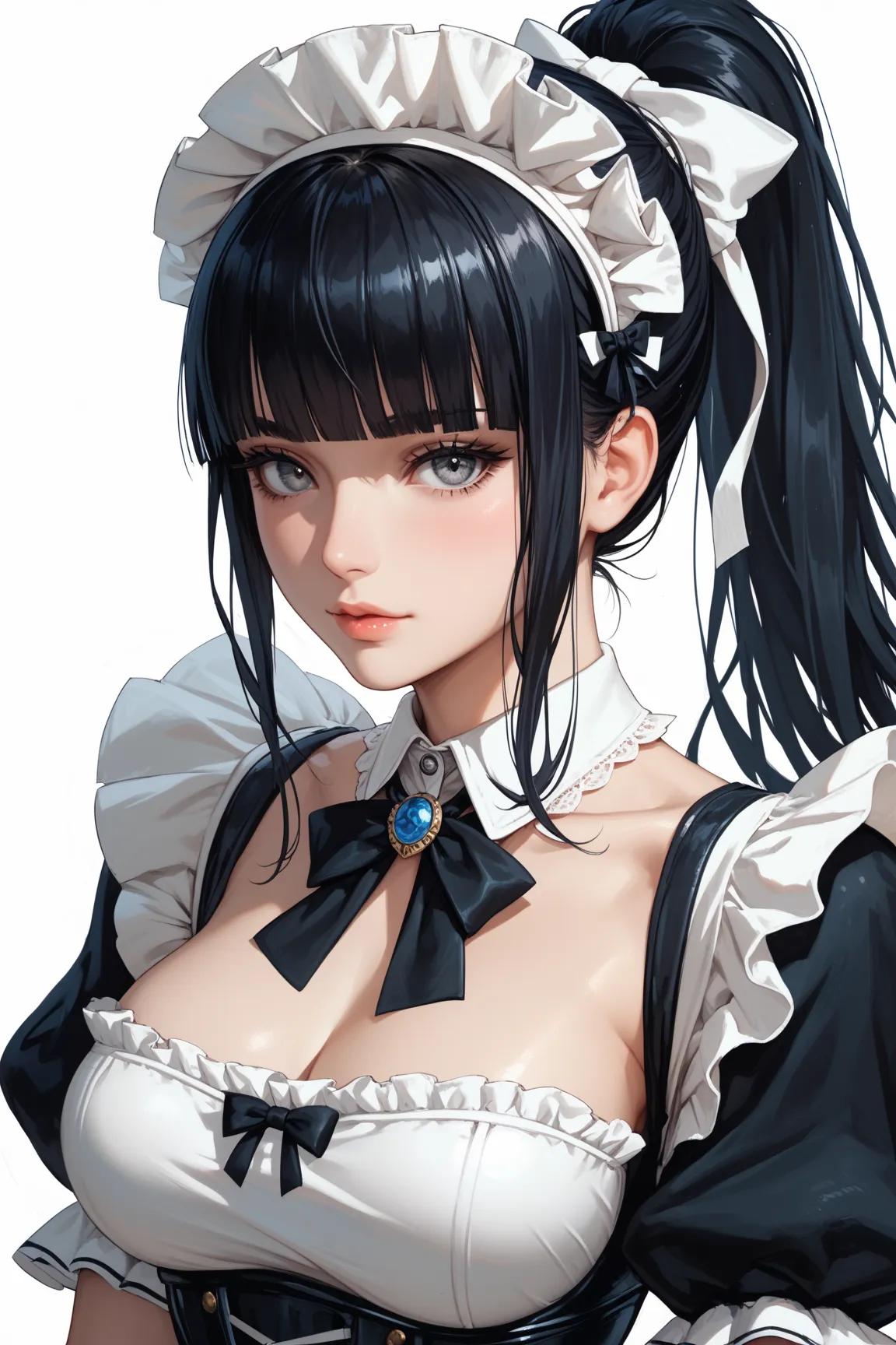 1girl, solo, long_hair, breasts, looking_at_viewer, bangs, simple_background, black_hair, white_background, bow, medium_breasts, ponytail, puffy_sleeves, blunt_bangs, armor, black_eyes, maid, maid_headdress, grey_eyes, white_bow, v_arms, overlord_(maruyama...