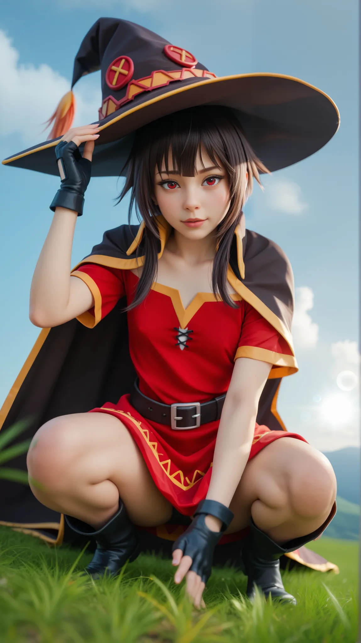 A highly detailed, hyperrealistic 8K image of Megumin from Konosuba, crouching dynamically while removing her signature black wizard hat with her left hand, revealing her messy dark brown hair. Her crimson eyes glow intensely, exuding confidence and power....