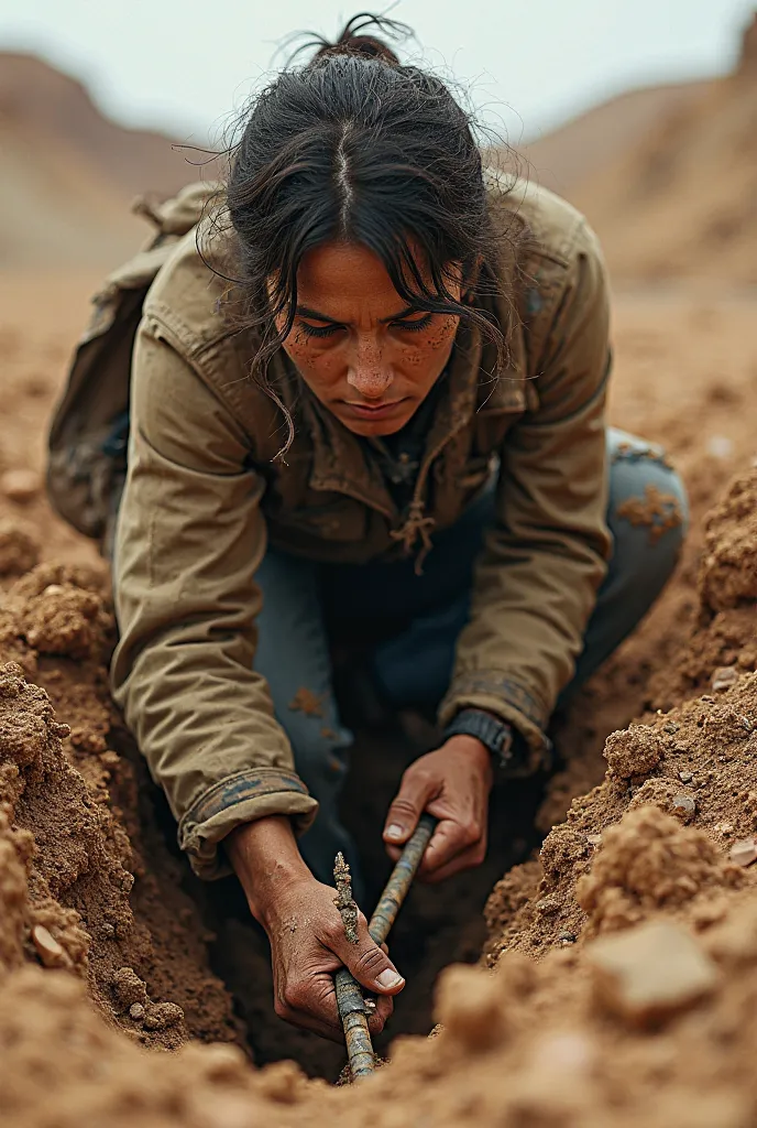 A person digs deep into the ground