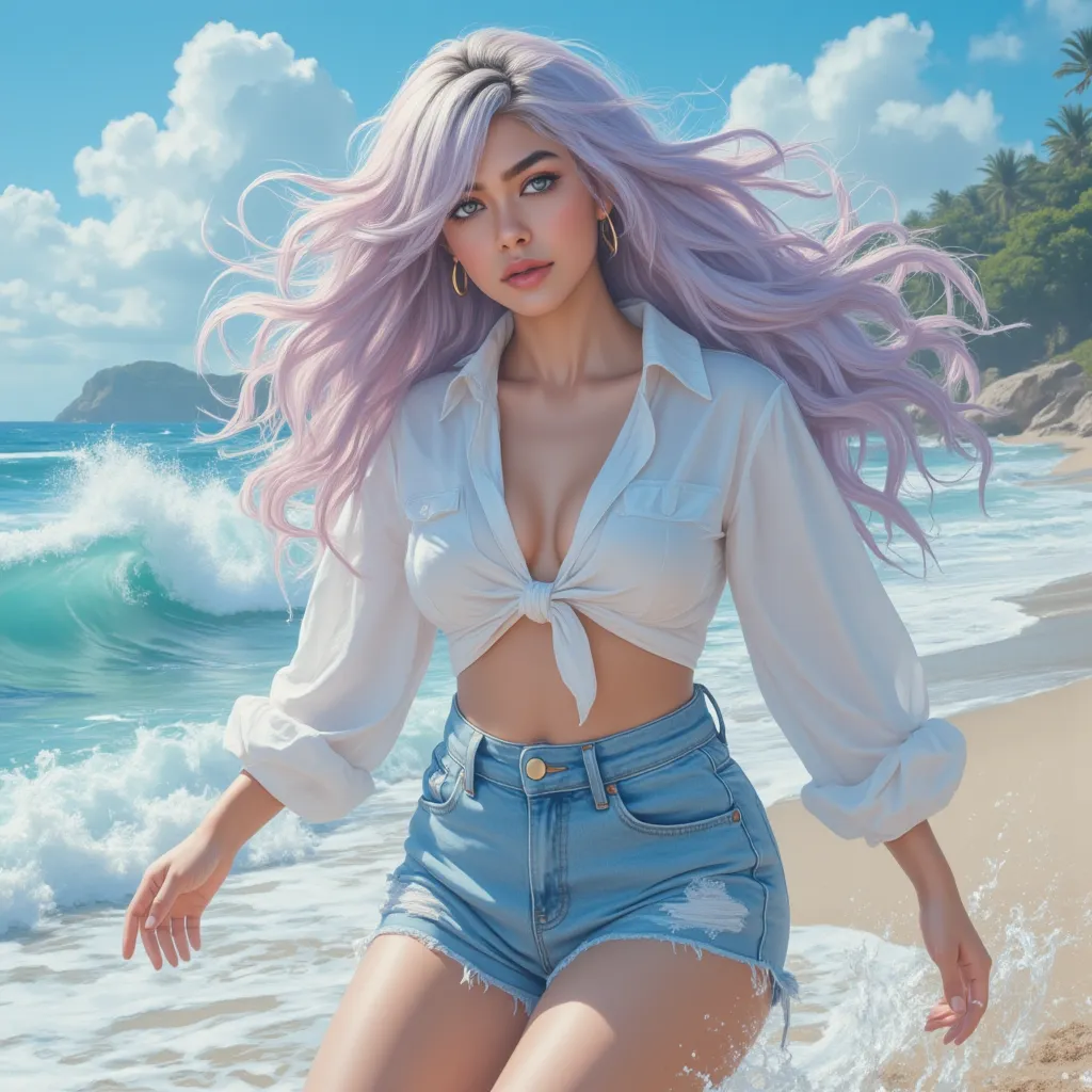 Detailed illustrations, beautiful anime illustrations, Beautiful indian Girl, Pastel coloured micro oversize white shirt and blue jeans short, Pastel coloured hair, Shaking the beach, Curvaceous body, full body, detailed facial features, beautiful eyes and...