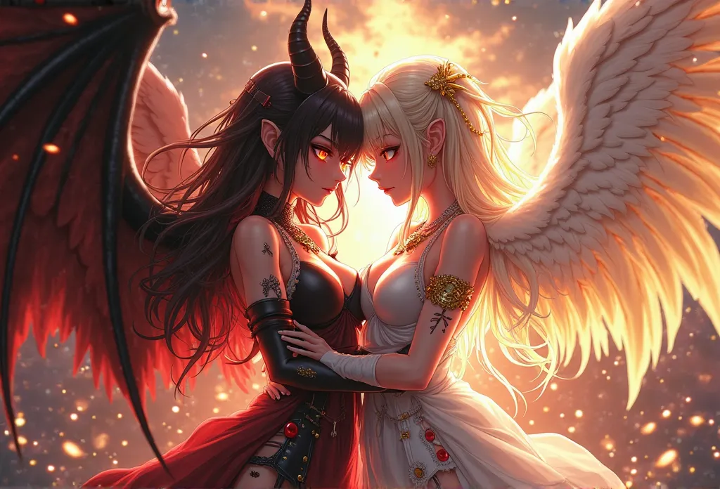 A stunning and highly detailed anime-style illustration featuring two versions of Nezuko Kamado, hugging themselves in a dark fantasy setting. On the left, the Demonic Nezuko exudes power and seduction, with curved black horns, glowing red eyes, and a misc...