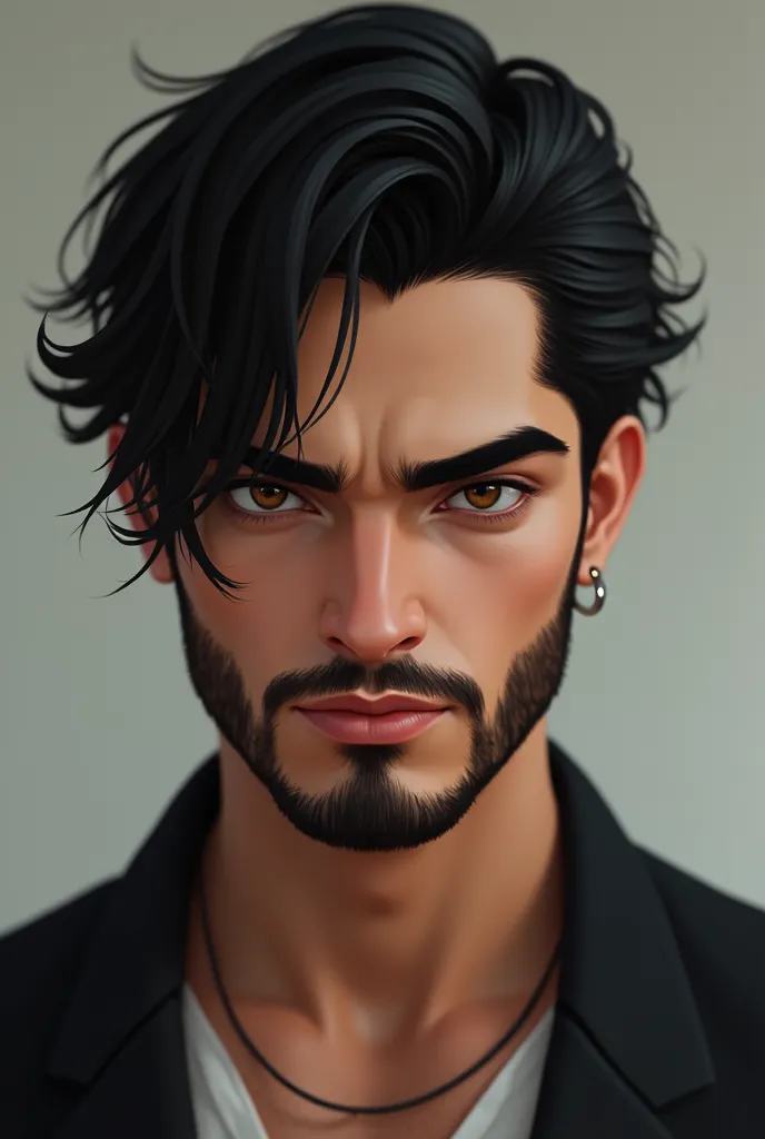 Sexy blackhaired boy with white skin and straight hair with a beard,  young, realistic,  Mexican