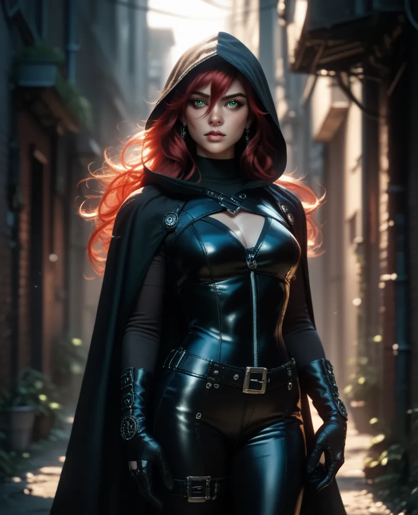 (High Resolution), Masterpiece, Anatomically Correct, Best Quality, Super Detailed, long Red Hair, female rogue, female assassin, Depth Of Field, Solo, Green eyes, Backlighting, hourglass figure, fully dressed, leather gloves, black leather pants, black le...