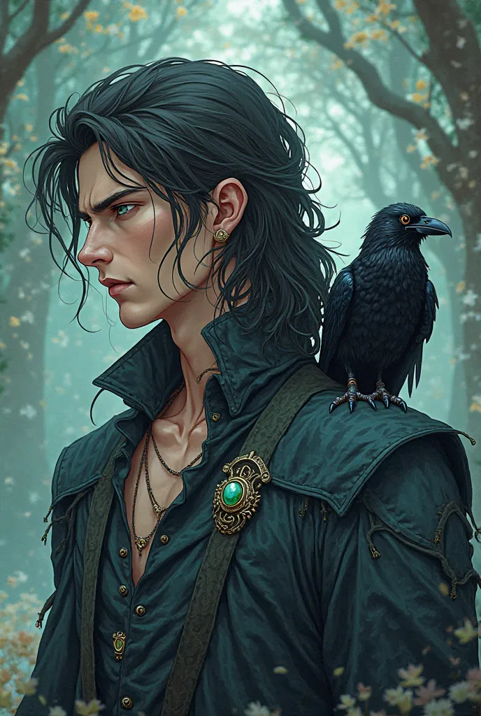 A man standing on his shoulder with a crow. He has black hair that reaches his neck. He has European features and is wearing a ring with a green stone. Anime