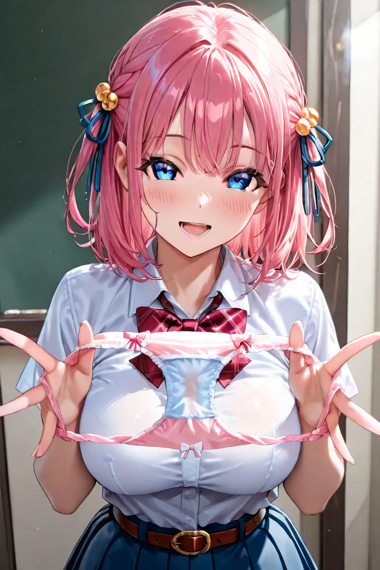 1girl,solo,curl hair,looking at viewer,blush,smile,open mouth,large breasts,pink hair,hair ornament,blue eyes,bow,White shirt,hair ribbon,short sleeves,pleated skirt,collared shirt,belt,Blue skirt,(holding panties：1.1), (unworn panties：1.1),japanese-idol-o...