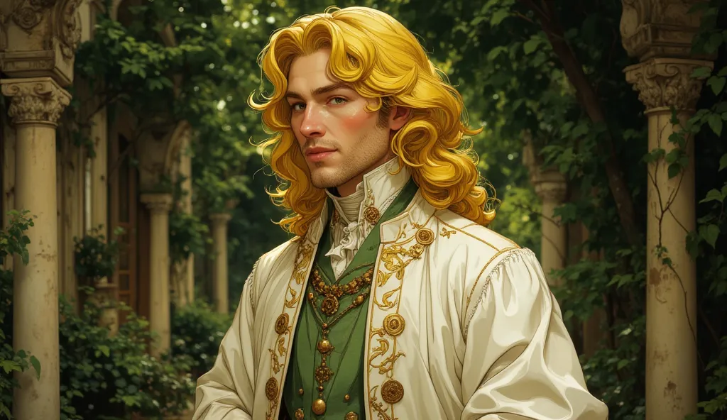 masterpiece a man  is smirking, has yellow long hair and wears a royal detailled french white outfits with some green color,8k quality, high resolution, full body, white shoes, he is standing in a garden