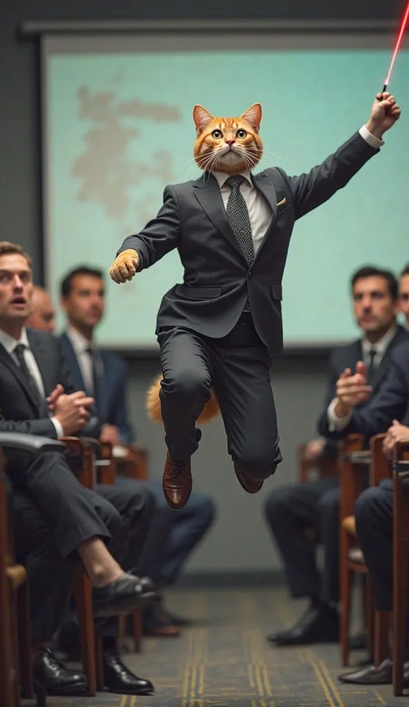 Felix Chasing the Laser Pointer
In the middle of a professional office presentation, a cat in a suit suddenly leaps off his chair, chasing a red laser dot. The room is filled with shocked human employees in business attire. The scene is chaotic but humorou...