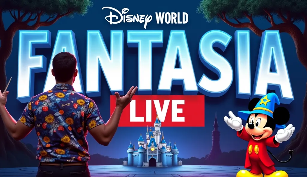 Here’s a prompt for generating a thumbnail similar to this one, with high-contrast images and effects like MrBeast's thumbnails:

Prompt:
"A high-contrast YouTube thumbnail for a Disney World livestream titled 'FANTASIA.' The background features iconic Dis...