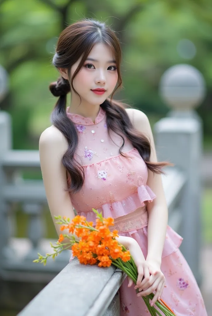 A young woman leaning on a stone railing in a serene garden setting. She wears a delicate pink floral dress with a high neckline and layered details. Her hair is styled in a soft side braid, with loose strands framing her face. She holds a bouquet of vibra...