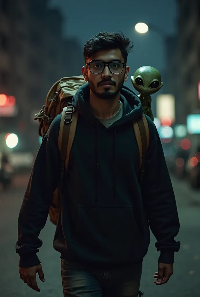 A 26 year old indian man with fair skin, oblong face shape and fleshy nose,wide lips and small eyes wearing glasses and with lite beard wearing black hoodie walking in a dark street at night by carrying bag on his back and a alien looking out from the bag ...