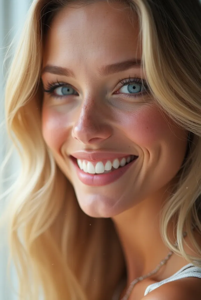 left side view of a white woman, close up to her face, smiling