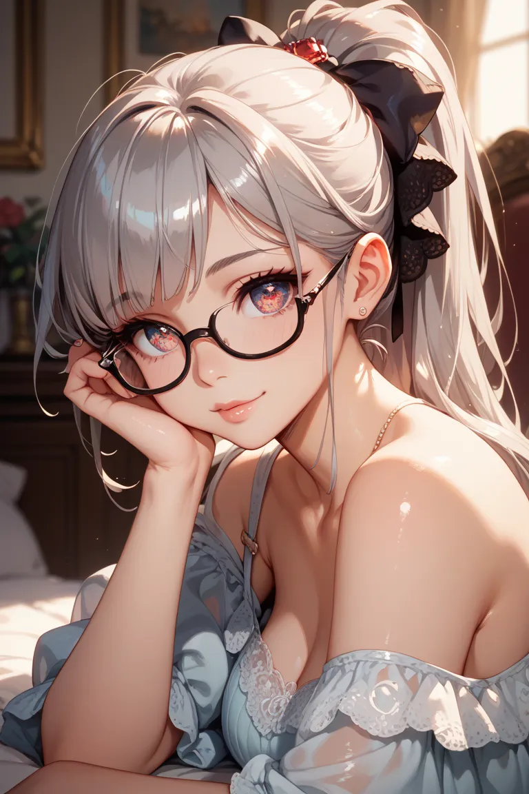 Beautiful, soft, shiny, and thin gray hair
Ponytail
pretty
black date glasses
Saggy eyes, red, cute, and innocent eyes
watercolour
full body
pretty