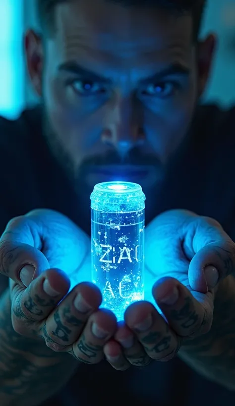 A close-up of a futuristic energy capsule labeled "Zinc ADA" glowing bright blue. The tattooed man’s hand grips it tightly, veins subtly illuminated by the neon light. His eyes widen as if realizing its power.	