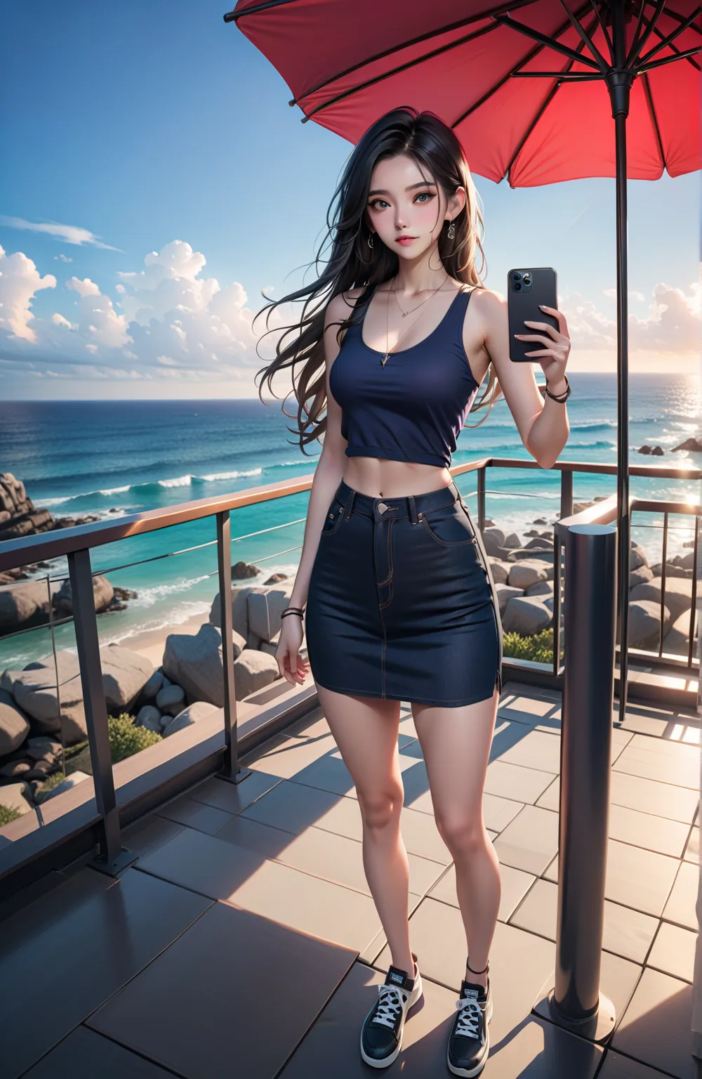 young woman, selfying (raising hand, holding a smartphone), at outdoor, under inverted umbrellas, architectural umbrella, she on platform above sea,  BREAK, {forehead, long hair, black hair}, BREAK, ((dark-blue tank top), (navy-blue gradient denim pencil m...