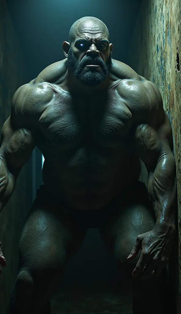 A massive, muscular, and hairy Black man with an extremely detailed face and body, wearing a nightmarish expression. His presence is eerie and unsettling, evoking the feeling of a lucid dream turned sinister. Inspired by Nightmare on Elm Street, he exudes ...