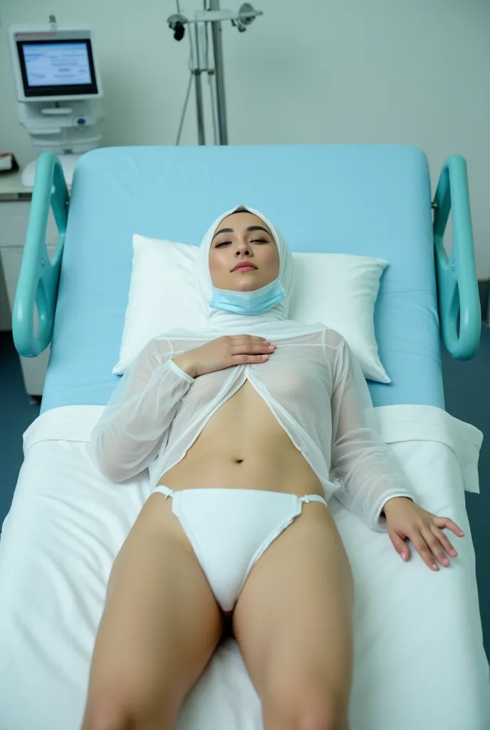 Arabic Wearing  White bikini , Wearing White Hijab , Wearing White Medical face mask , Eye  Rolling , Sleeping On surgical bed  , Masturbating