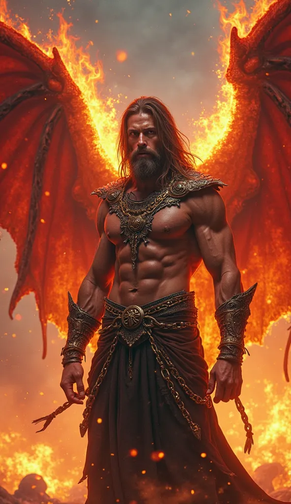 full character, jeune homme musclé,  long hair, beard, fire mage, yeux brillants, ailes de dragon rouge, black and gold and red chainmail, flames