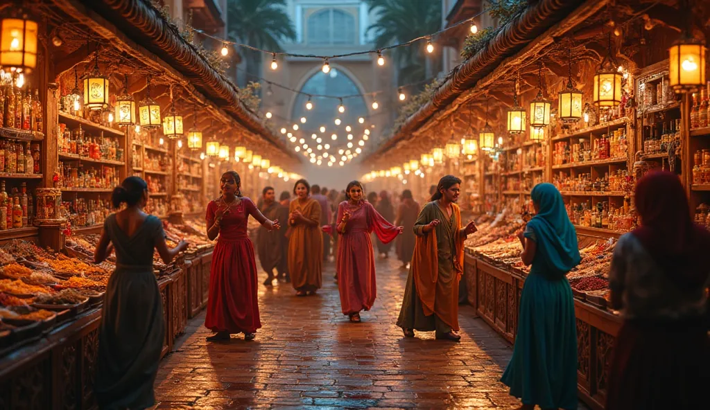 **Prompt:** A vibrant and bustling Arabian market at night, filled with merchants, performers, and dancers clapping to the rhythm of traditional music. The market is illuminated by warm, glowing lanterns hanging from intricately carved wooden stalls, casti...