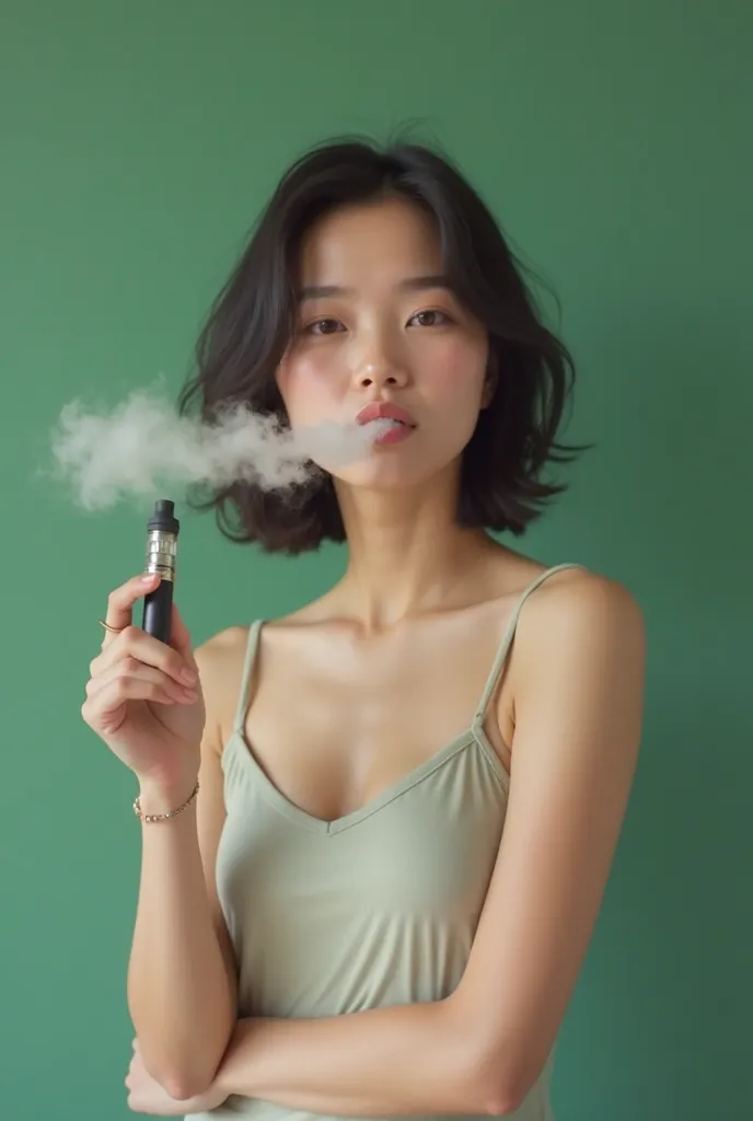 female,asian,  wearing tank top, vaping , plain green background, realistic.