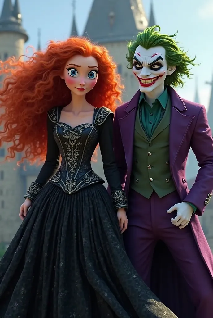 Image 1 – Merida and Joker

"Merida from Disney's Brave stands confidently beside the Joker in front of a grand castle. She wears a flowing, black medieval-style gown with intricate silver embroidery, a corset-like bodice, and long sleeves. Her fiery red c...