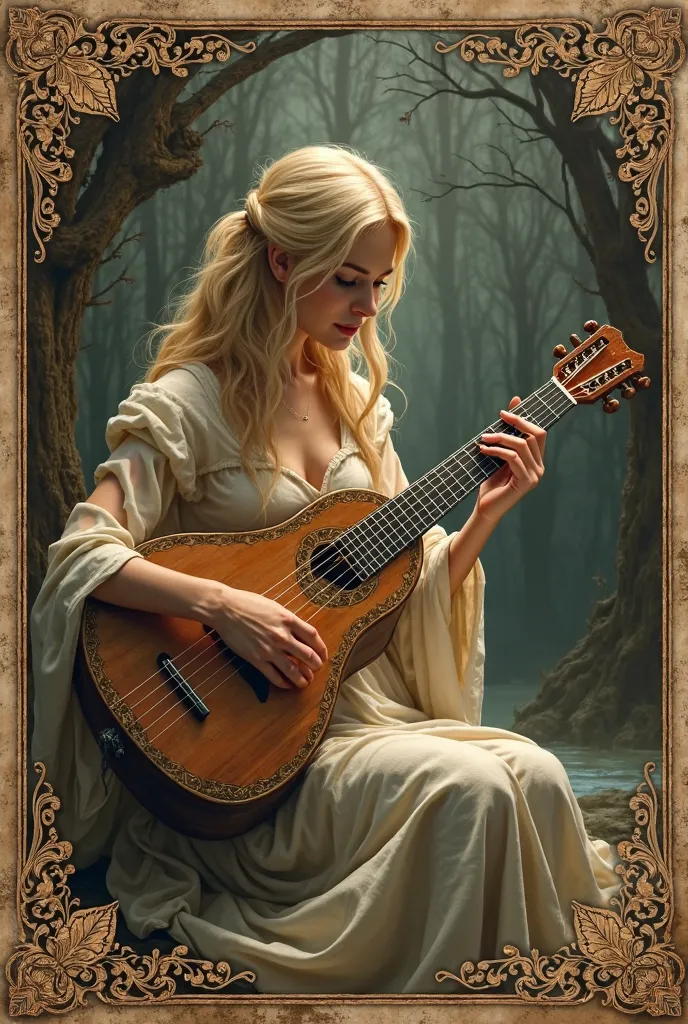 (((En sepia ))) Cover for a medieval book about poems related to the spirit world, A blonde musician plays the lute