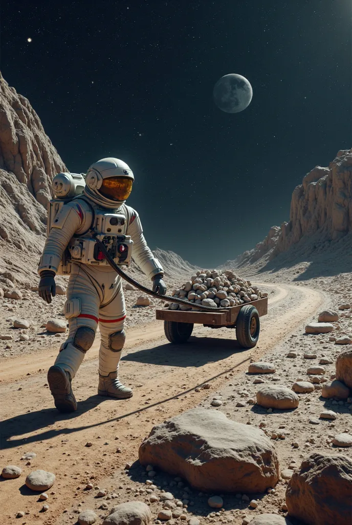 The surface of the asteroid.  A man in a spacesuit leaves the camera pushing a cart loaded with ore. 