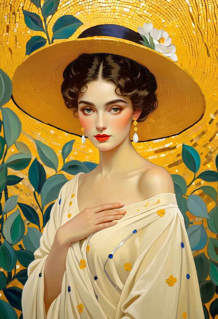 Fine art, oil painting, thick brush strokes, an elegant lady lost in her dreams, inspired by [Gustav Klimt | Pablo Picasso | Gil Elvgren], hat, eye-catching wall deco, Art Nouveau, Byzantine mosaics, gold accents, elegance, sophistication, classy, ​​highly...