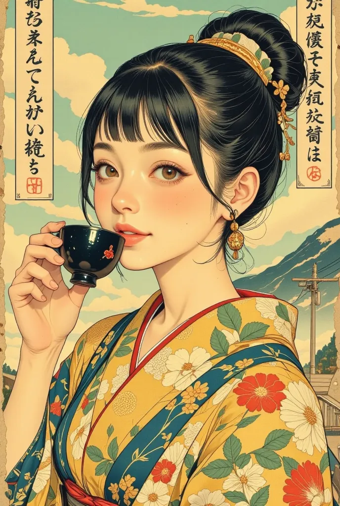 A retro Japanese anime-style poster. Warm, nostalgic colors with a soft, hand-drawn touch reminiscent of the Showa era. A cute girl wearing a kimono holds a small black sake cup near her face, smiling gently as she enjoys her drink. The cup has a glossy, l...