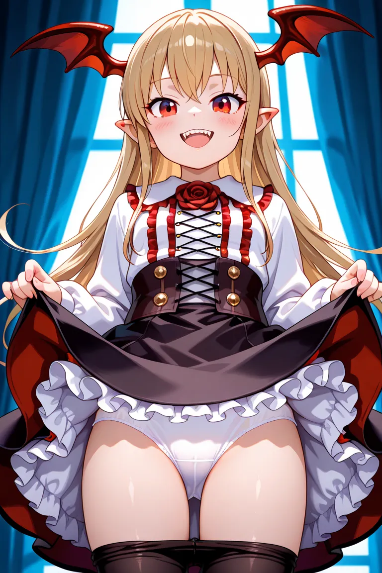 top quality、high image quality during sick leave、uncorrected、nsfw、Beautiful eyes、 Official Illustration 、blond hair,red eyes,loli 、Head Wings,tooth,watching viewers,white shirt,red frills、corset,frills,Black Skirt, bow tie, Rose,Pantyhose,white panties、Vam...