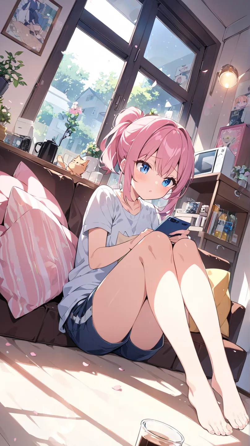 one&#39;s home、Private room、sofa、Gentle light comes in through the window、Cherry blossoms are in full bloom outside、 backlit、cat、Potted flowers、clock、magazine、Smartphone、tv set、1 girl, solo, blue eyes, pink hair、ponytail、 expression of confusion 、 everyday...