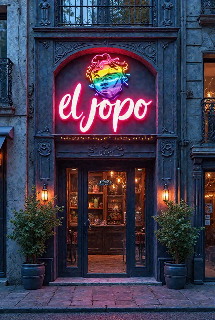 Facade of a nightclub called El Jopo, What does a homosexual boy have as a logo, Let it be in colors like black, blue and grey