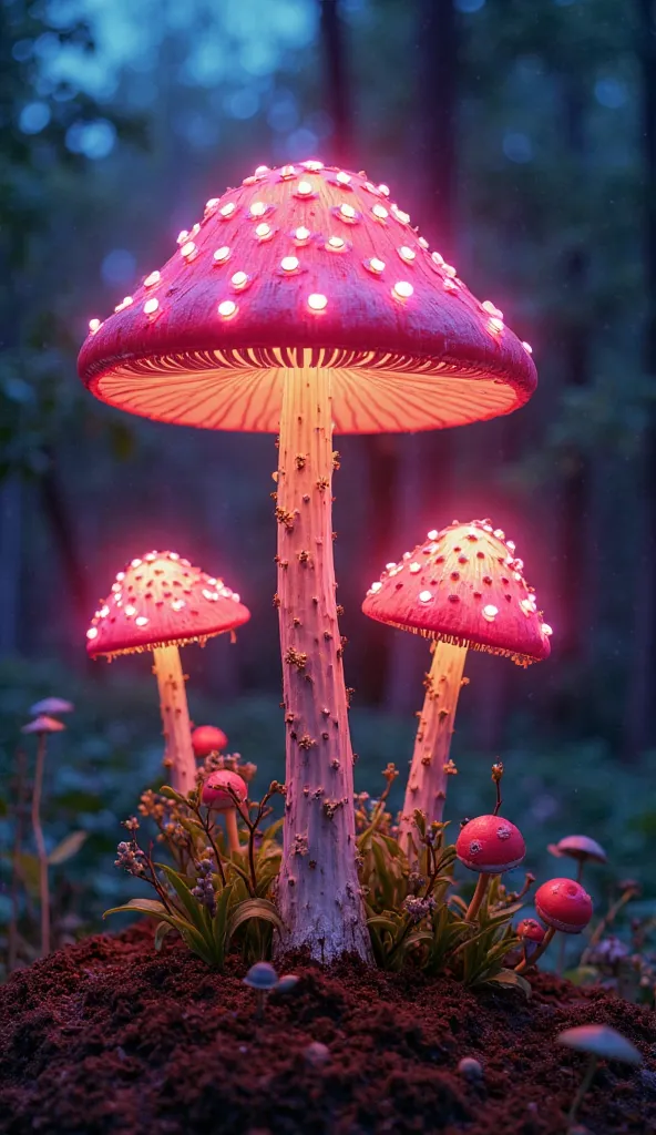 big and small flower lights with neon flowers. Mushroom house 