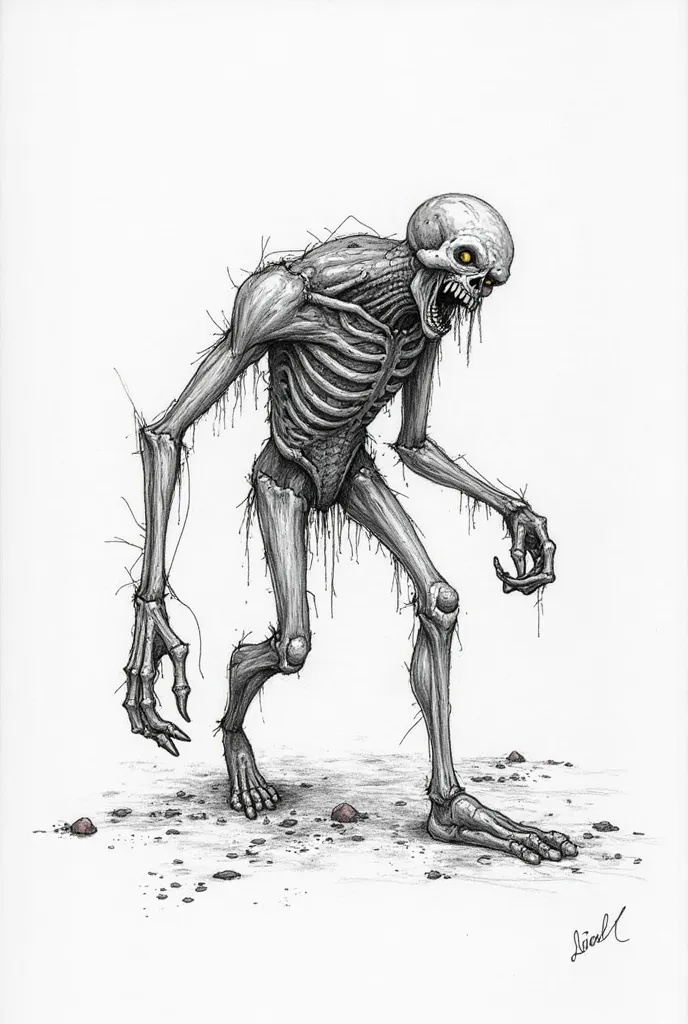 Pencil sketch drawing of a grotesque, mutilated zombie named "Dismembered". His body is partially destroyed, with **one arm missing** (just a jagged stump and exposed bones at the shoulder) and **the other arm elongated and deformed**, ending in a bony cla...