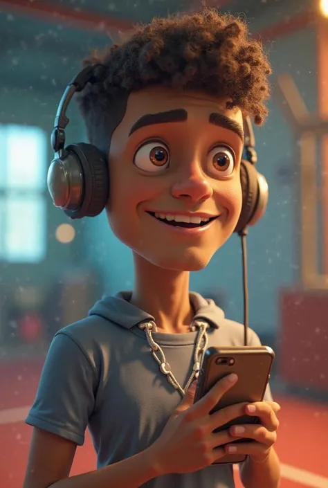 You, who are an artificial intelligence, generates the best animated image in 16k of a handsome young man with light brown skin, making a podcast with a microphone and a cell phone in a sports environment, references the best podcasts on TikTok and YouTube...