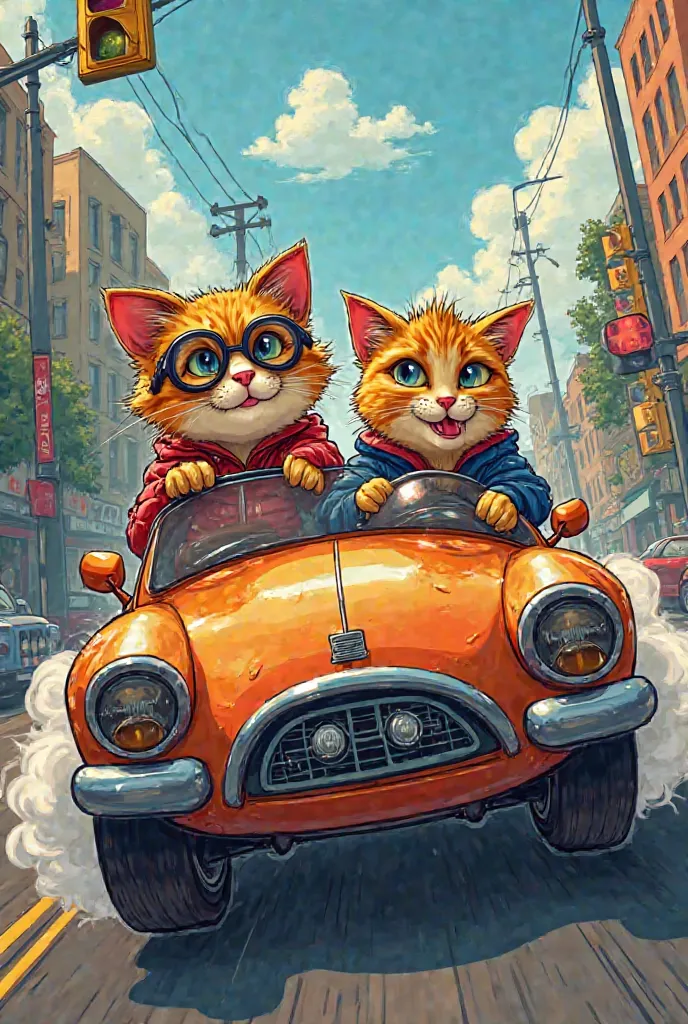 Cartoon cats with driving and strong back ground 