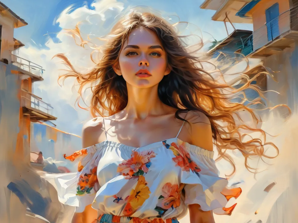 ，Beautiful girl，full body，oil painting, V.V. style, . beautiful girl, summer clothes ,windy day, detailed portrait