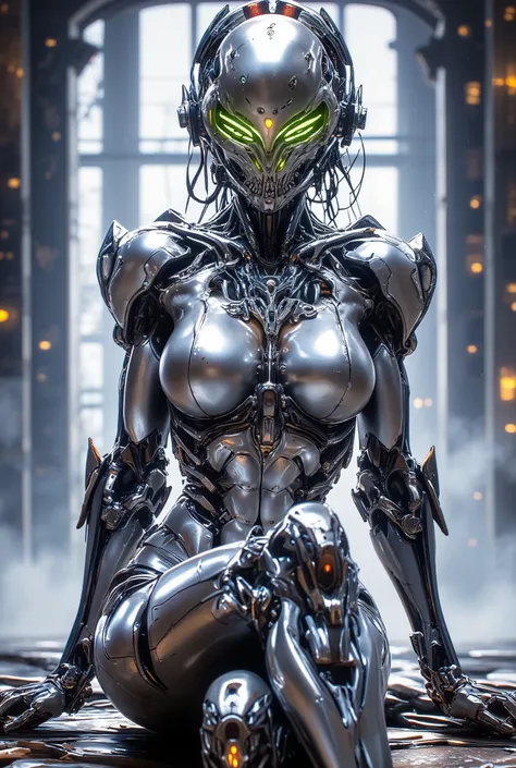  1 Mechanical Girl, portrait, global illumination, Shadow, metal, real light, Shining Eyes, sitting facing the camera, Neon Details, Mechanical Limbs, A mechanical vertebra that attaches to the back, Mechanical neck that attaches to the neck, big breasts, ...