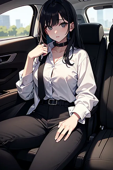  1 woman: Young, kinda tired , with black hair, driving with your hands on the wheel in a big traffic. She is wearing: a long sleeve black t-shirt with collar and button-up, a red office tie, black belt pants. the viewer is in the passenger seat, looking a...