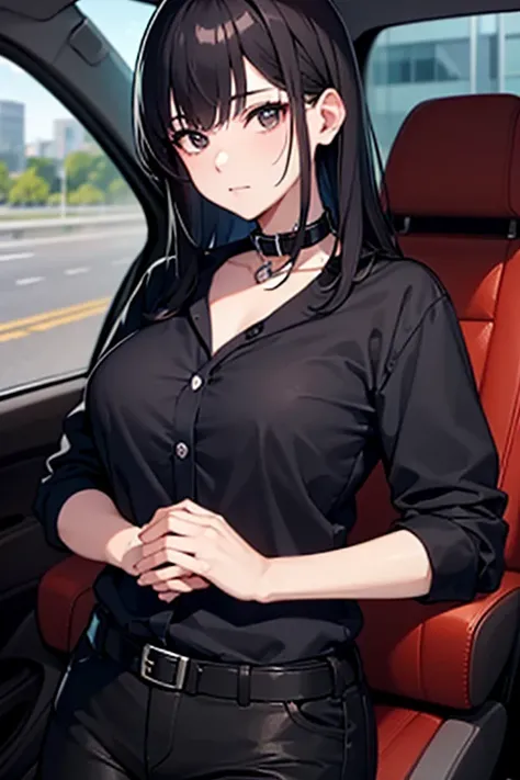  1 woman: Young, kinda tired , with black hair, driving with your hands on the wheel in a big traffic. She is wearing: a long sleeve black t-shirt with collar and button-up, a red office tie, black belt pants. the viewer is in the passenger seat, looking a...