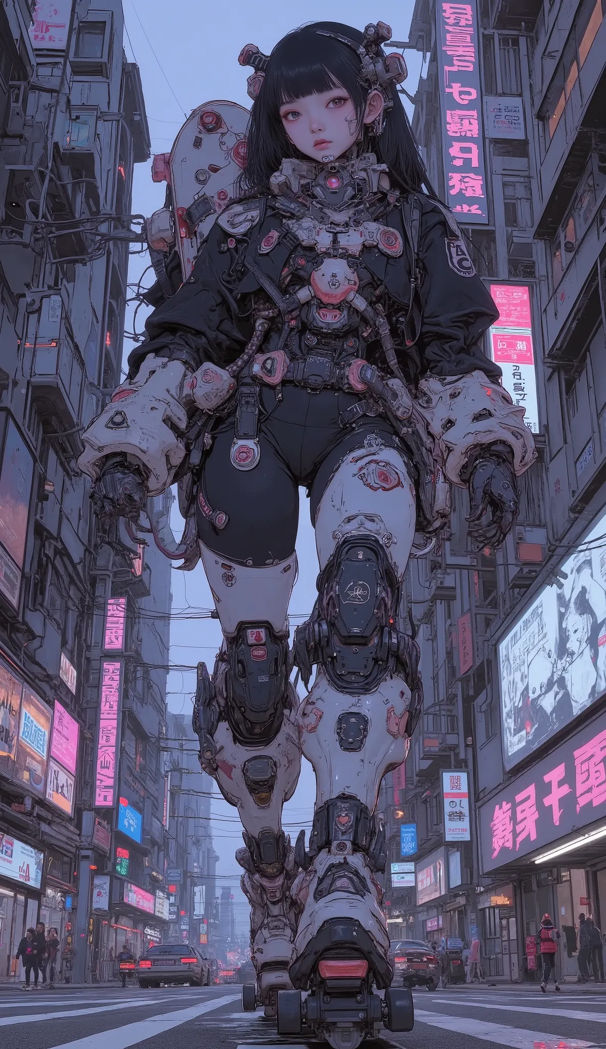 anime girl on a hoveboard with a skateboard on her back, Cyberpunk art inspired by Masamune Shirow, Trending on Pixiv, Retrofuturism, perfect  anime cyborg  woman, anime girl of the future,  anime cyborg , cyborg - girl, cyborg girl, cute cyborg girl,  Jap...