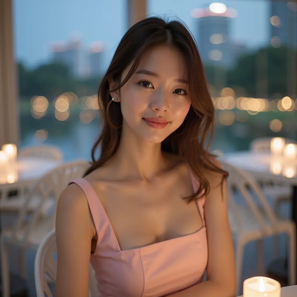 A photo of a beautiful Asian woman with fair skin, almond-shaped eyes, and long, straight, brown hair that is parted to one side and swept back. She has a slender figure and wears a light pink sleeveless shirt with a square neckline. Her pose looks like sh...